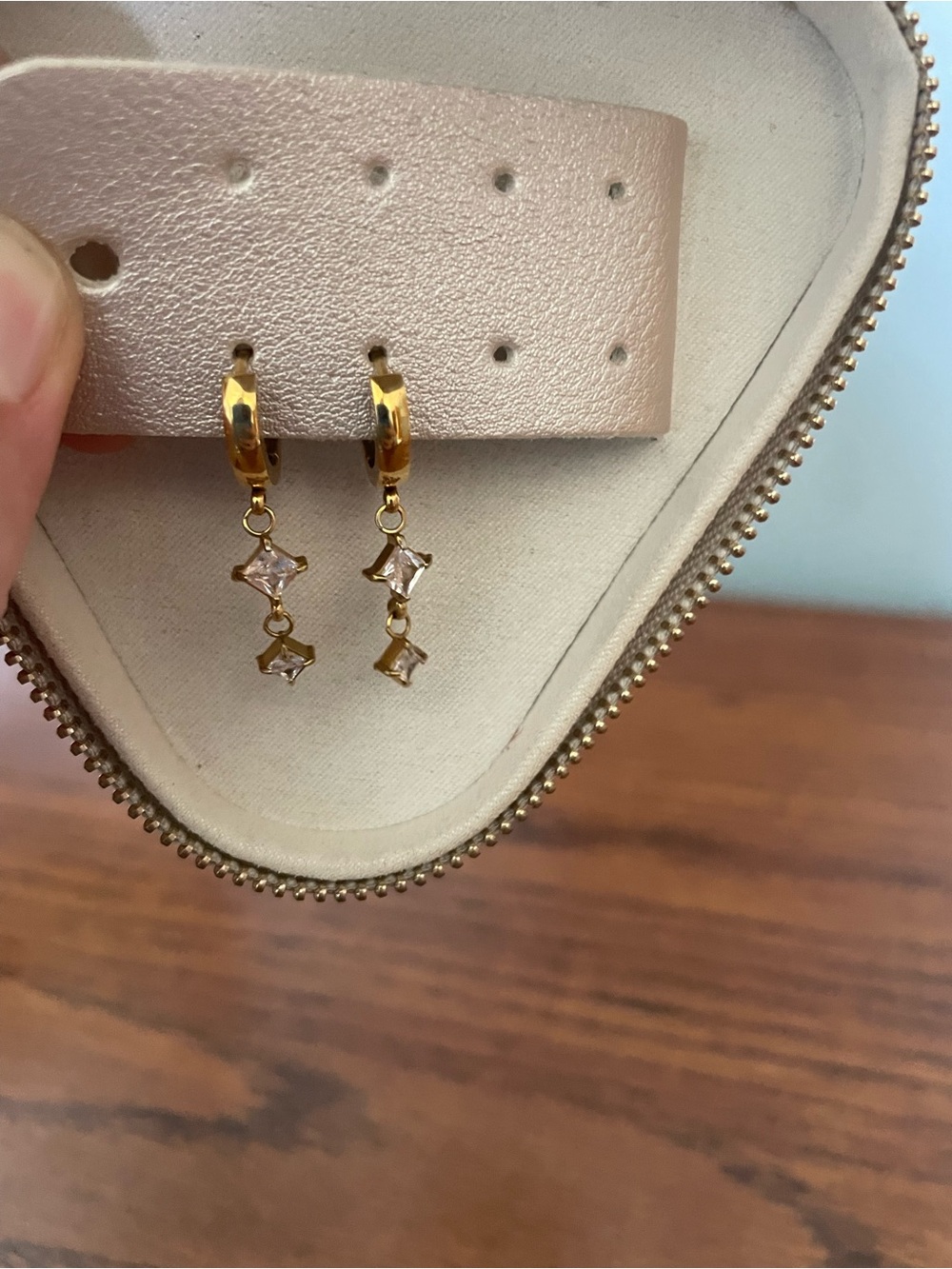 Gold Drop Hoop Earrings with Clear Stone Accents